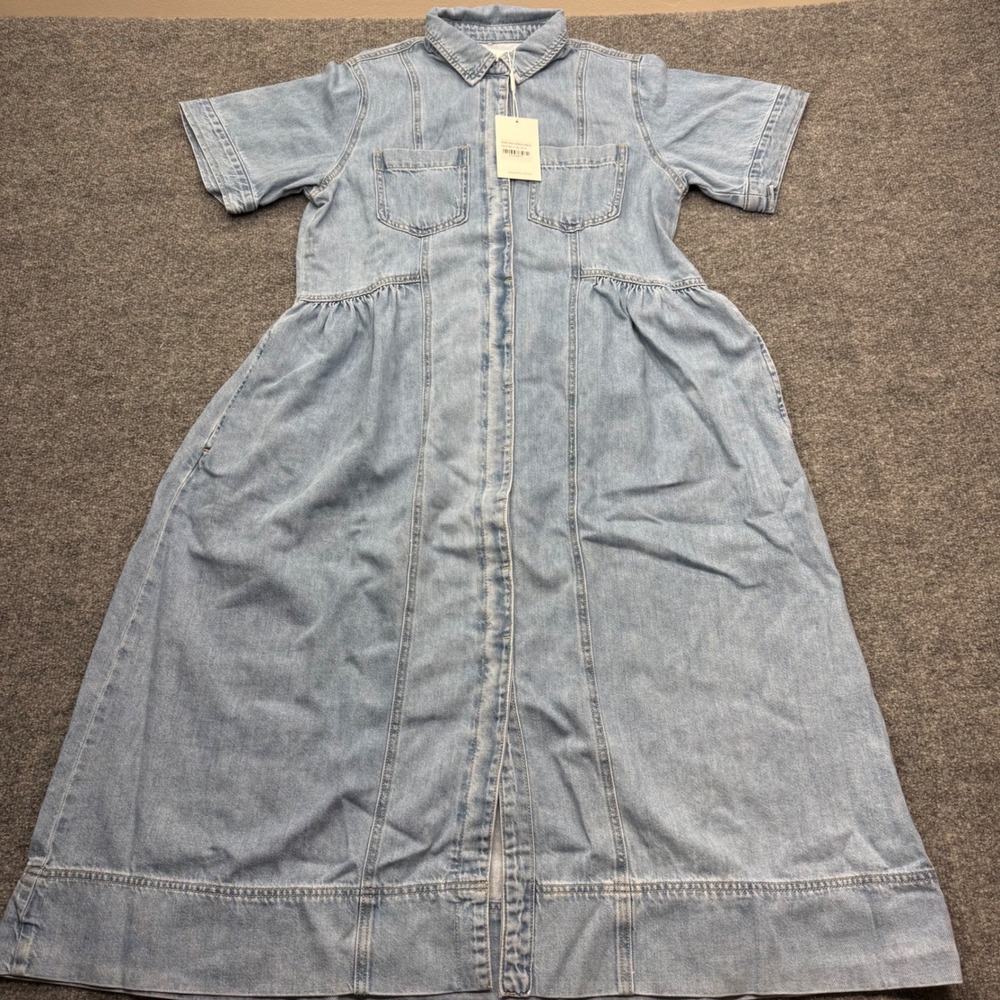 MAYE Montana Denim Dress Light Wash Blue Cotton Midi Button Front Short Sleeve S
